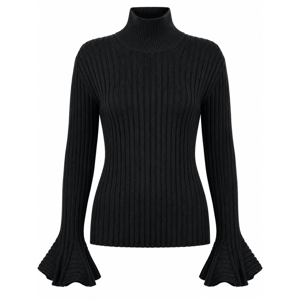 LANVIN Paris Black Wool Ribbed Turtleneck Sweater XL Bell Sleeve Made Italy
